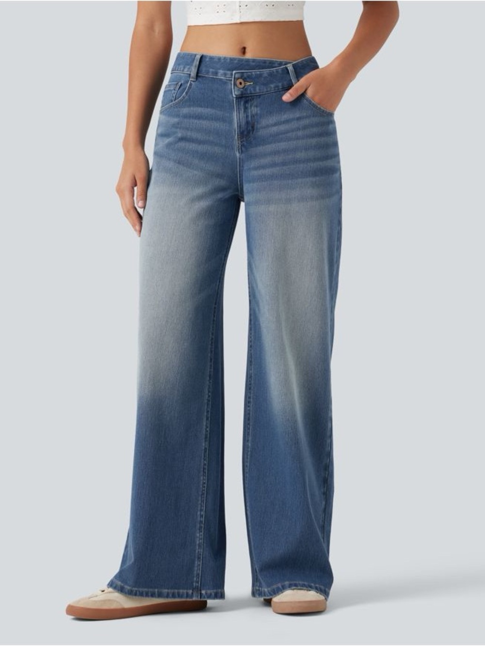 HALARA High-Rise Wide-Leg Jeans in Two-Tone Blue Fade